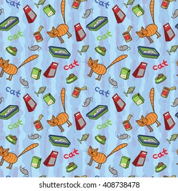 Cat and accessories for care. Vector illustration seamless background for print.