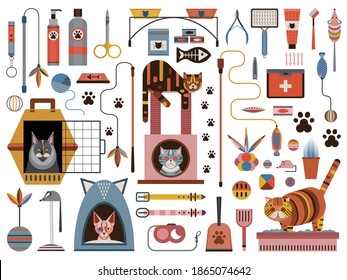 Cat accessories collection with toys, essential equipment, dry and canned food, litter box and scooper, bed, carrier, first-aid kit, collars, scratching post and kitty house. Big set of pet supplies.