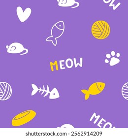 Cat accessories doodle pattern. Seamless vector cartoon print for cats goods.