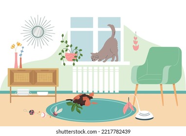 Cat accessories flat composition with indoor view of living room furniture and flowerpot broken by cat vector illustration