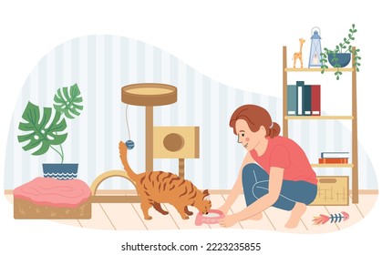 Cat accessories flat composition with indoor cozy interior scenery with condo and girl feeding her cat vector illustration