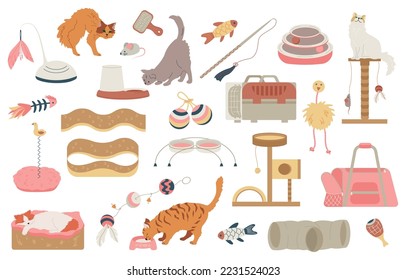 Cat accessories flat set of isolated icons with fluffy mouse toys condos baskets and pet carriers vector illustration