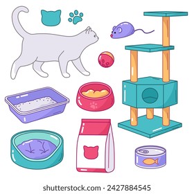 Cat accessories, litter box, bed, tree,meal, food, toys illustrations. Pet objects, set of vector drawings