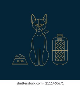 A cat with accessories for pets. Illustrations in the doodle line for the veterinary clinic with pet care supplies. Vector illustration