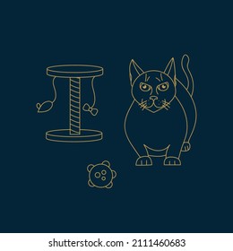 A cat with accessories for pets. A set of illustrations in a doodle line. Accessories for pet care, love for cats. Vector illustration