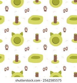 Cat accessories seamless pattern, pet bed, paws and scratching post pattern