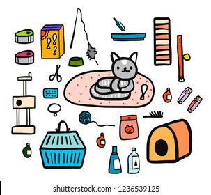 Cat accessories set hand drawn illustration minimalism for prints posters veterenary clinics banners promo and animal care