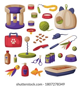 Cat Accessories Set, Pet Shop Products, Food, Scratching Post, Small House, Toilet, Comb, Scissors, Toys Cartoon Style Vector Illustration