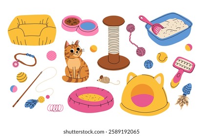 Cat accessories and toys flat vector set. Cartoon pet store assortment collection. Doodle cat supplies collection.