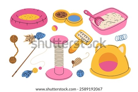 Cat accessories and toys flat vector set. Cartoon pet store assortment collection. Doodle cat supplies collection.