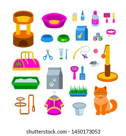 Cat accessories vector flat icons. Pet shop equipment cartoon illustration. Domestic animal care supplies. Items for feeding, grooming, playing, sleeping, treatment