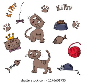 cat and cat accessories, vector set, hand drawing