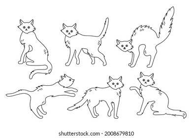 Cat Active Poses, Black Contour Doodle Set. Healthy Cartoon Kitten, Cute Or Scary, Angry Wicked Thin Cats Halloween Collection. Funny Playing Character Pet Wild Kitty Design. Vector Illustration