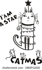 Cat acts to be Christmas tree with colorful lightbulb, Meowy Catmas cartoon vector illustration
