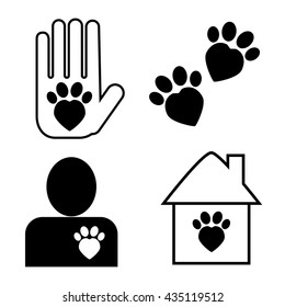 Cat adoption and care set of vector icons, adopt a cat illustration, monochrome pictogram of domestic animal care and adoption, protection of domestic animal logo, cat in heart picture, cat at home