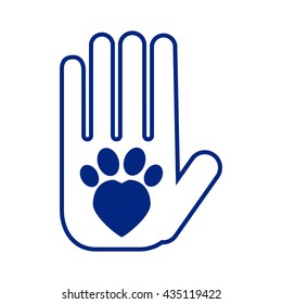 Cat adoption and care vector illustration, blue icon of human hand and cat paw, image of kitten paw in shape of heart, adopt a cat, domestic pet and human hand joined, logo for veterinarian clinic