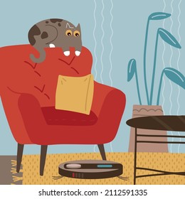 Cat is afraid of the robot vacuum cleaner and watching it from the back of the chair . Vector cartoon flat illustration. Cozy room with armchair, coffee table, plant and carpet