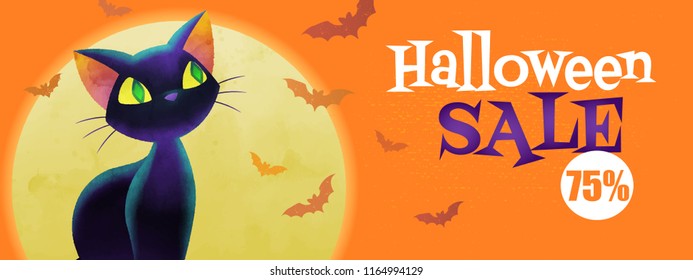 Cat against full moon, Halloween sale. Vector illustration. The Halloween greeting concept
