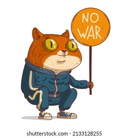 A Cat against War, isolated vector illustration. Anthropomorphic red cat, holding a NO WAR banner. An animal character with the human body. Antiwar placard. Pacifist demonstration. Peaceful protest.