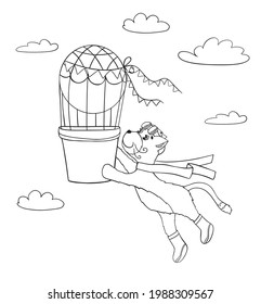 Cat with air balloon in the clouds on the white background black outlines. Baby animal concept illustration for nursery, character for children book, wallpapers, icon. Vector illustration