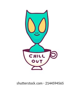 Cat alien inside a cup of coffee, illustration for t-shirt, sticker, or apparel merchandise. With doodle, retro, and cartoon style.