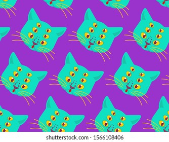 Cat alien monster pattern seamless. Ufo pet face background. Animal mutant texture