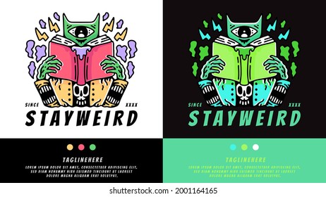 cat alien reading book in hype style. illustration for t shirt, poster, logo, sticker, or apparel merchandise.