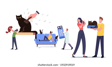 Cat Allergy Concept. Male Female Characters with Allergic Reaction on Pet Fur, Tiny Doctor Carry Huge Anti Histamine Remedy for Treatment Man Hold Cat in Respirator. Cartoon People Vector Illustration