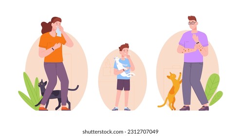 Cat allergy. Diseased woman and man with allergic symptoms nose sneezing or respiratory asthma, seasonal allergies sick on fur animal hair pet, vector illustration of disease sneeze, allergen of cat