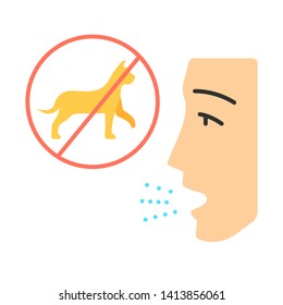 Cat allergy flat design long shadow color icon. Pet allergens sensitivity. Ban on cats, human face. Allergic reaction to animals. Cause of respiratory disease. Vector silhouette illustration