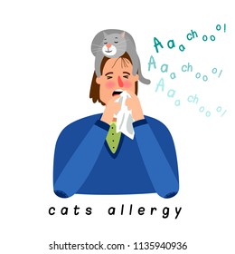 Cat allergy woman. Cartoon girl with season allergic rhinitis, woman nose blowing cats disease reaction vector illustration