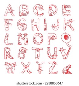 Cat alphabet vector design set. Cats font, cute Red  and white alphabet, numbers. Creative set of characters, kittens pictured in a variety of poses. 