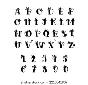 Cat alphabet - vector set of latin letters and numbers  in shape of cats