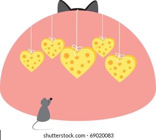 A cat from an ambush entices a mouse cheese hearts