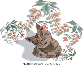 A cat among beautiful plants on a green circle.