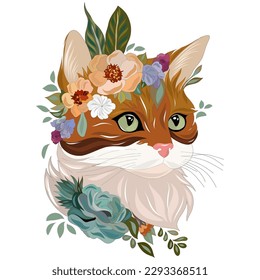 Cat among flowers and plants. Cat head, muzzle, pet totem. Vector graphics