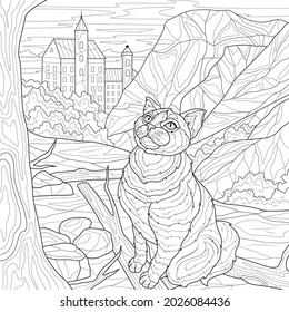 Cat among the mountains.Coloring book antistress for children and adults. Illustration isolated on white background.Zen-tangle style. Hand draw