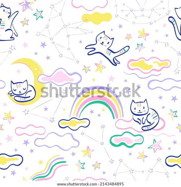 Cat among stars whimsy constellation sit on\
rainbow clouds sleep on half moon vector seamless pattern. Cosmic\
dreams background. Childish felt pen hand drawn blue contour cute\
kitten surface design.