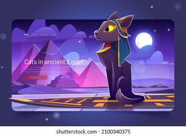 Cat in ancient Egypt cartoon landing page. Goddess Bastet sitting at palace floor front of Pharaoh pyramids in night Sahara desert. sacred animal, feline Egyptian deity character, Vector web banner