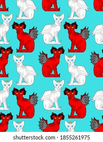 Cat Angel and demon pattern seamless. Red cat with devil horns background. White pet with wings and halo texture