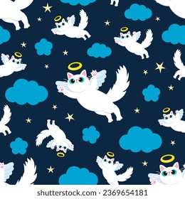 Ilustración vectorial de patrón sin fisuras de Cat Angel. Un gato blanco lindo volando en el fondo del cielo nocturno