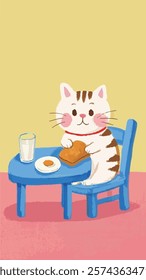 cat, animal, adorable, fun, comic, cartoon, card, chair, table, bread, fried, egg, milk, breakfast, lunch, dinner, cheerful, white, striped, fur, illustration, children, lovers