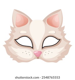 Cat animal carnival party mask. Accessory for Therian subculture, quadrobics. Festival or birthday costume accessory designed to resemble a cute kitten pet face, featuring eye holes, pink nose