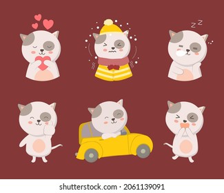 Cat Animal characters of various professions and emotions such as cat, love, chill, shiver, sleep, thumb up, ride, car, surprise. Cats in different pose and activities. vector flat illustration