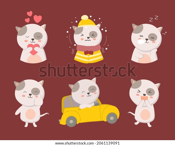 Cat Animal characters of various professions\
and emotions such as cat, love, chill, shiver, sleep, thumb up,\
ride, car, surprise. Cats in different pose and activities. vector\
flat illustration