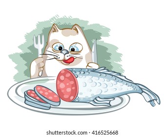 Cat.  Animal character.vector illustration of cute cat with fish cartoon drawing style