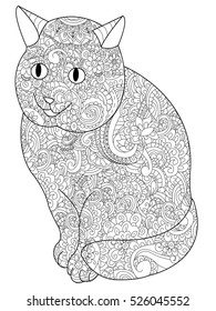 Cat animal coloring book for adults vector illustration. Anti-stress coloring for adult. Zentangle style. Black and white lines. Lace pattern