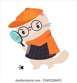 Cat Animal Detective Character with Magnifier Investigating and Search for Evidence Vector Illustration