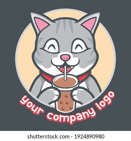 cat animal drink boba logo stock vector illustration
