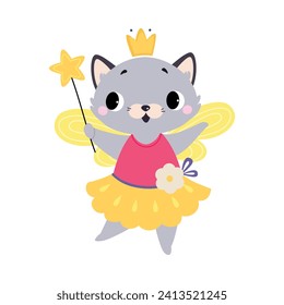 Cat Animal Fairy in Pretty Dress with Magic Wand and Wings Vector Illustration